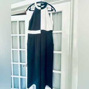 T Tahari Black and White Colorblock Halter Jumpsuit